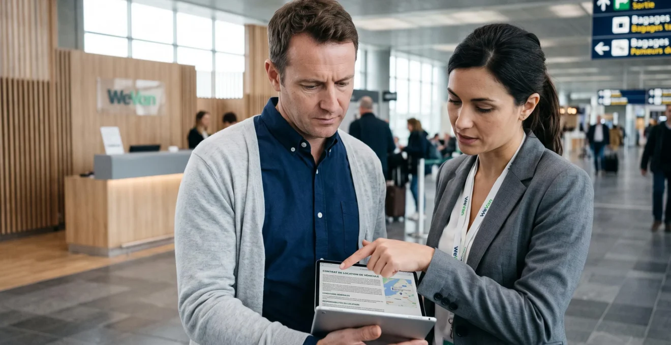 Male customer and female WeVan agent reviewing digital rental contract together on tablet at CDG desk, agent pointing to specific contract clause on screen