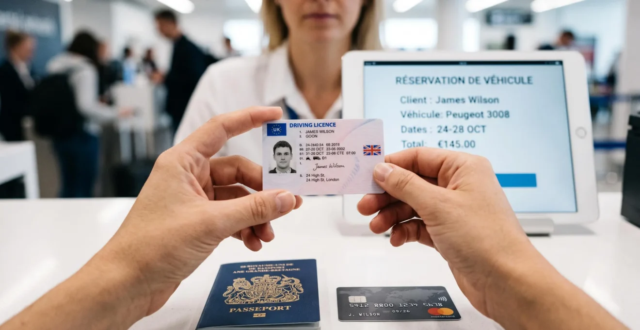 Rental agent's hands examining UK photocard driving licence, with credit card and EU passport placed on CDG rental desk surface beside digital booking tablet