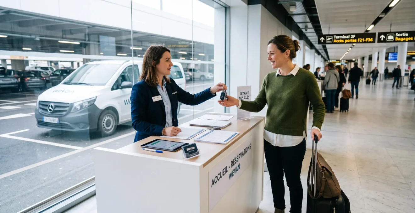 WeVan rental agent handing minibus keys to female customer at CDG Airport terminal desk, with white Mercedes 9-seater minibus visible through glass partition in background parking area