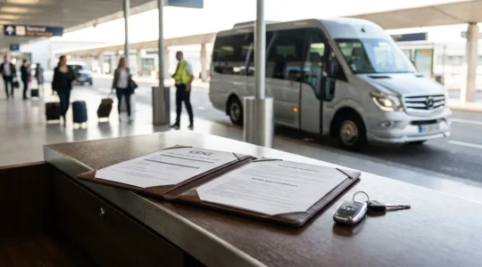 WeVan rental agent handing minibus keys to female customer at CDG Airport terminal desk, with white Mercedes 9-seater minibus visible through glass partition in background parking area