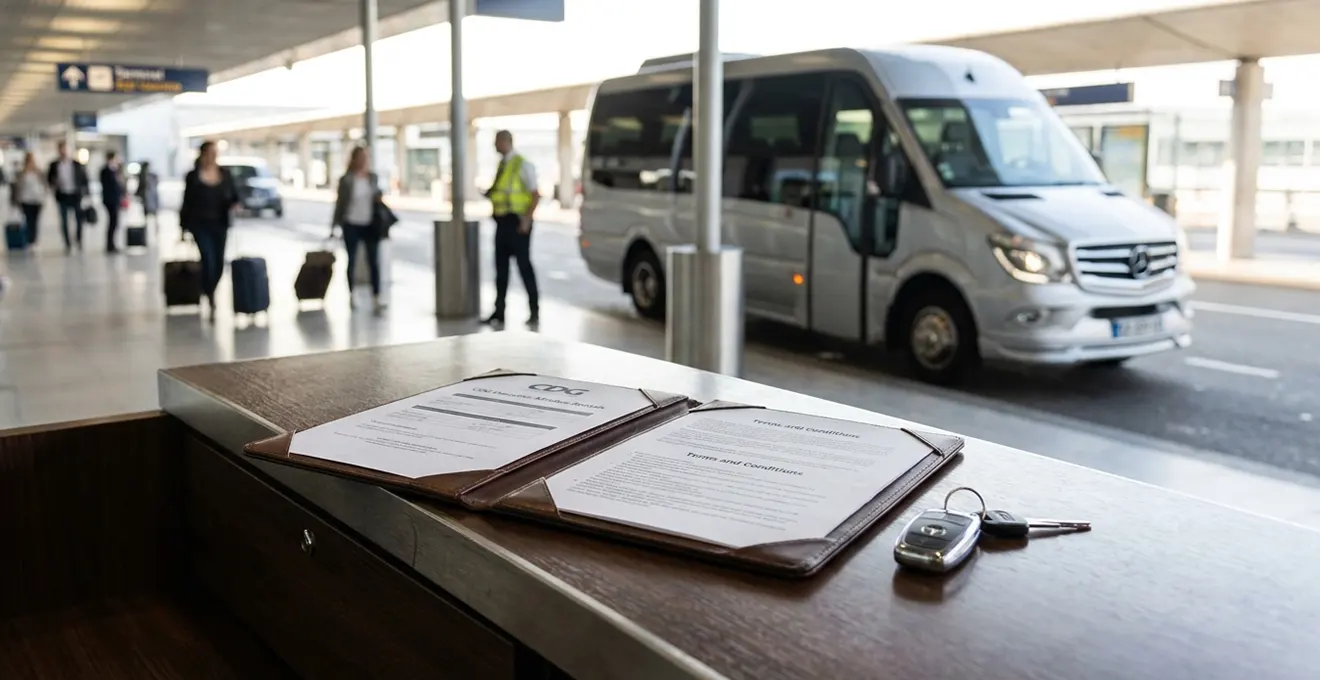 WeVan rental agent handing minibus keys to female customer at CDG Airport terminal desk, with white Mercedes 9-seater minibus visible through glass partition in background parking area