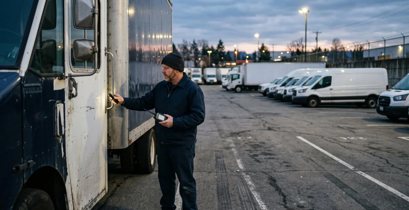 A fleet manager inspects the door lock of a box truck in a commercial yard at dusk.