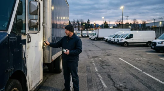 A fleet manager inspects the door lock of a box truck in a commercial yard at dusk.