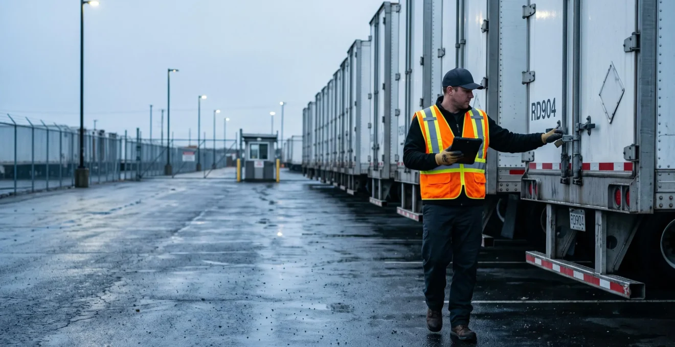 A yard checker in a high-visibility vest inspects trailer door seals in a distribution yard at dawn.